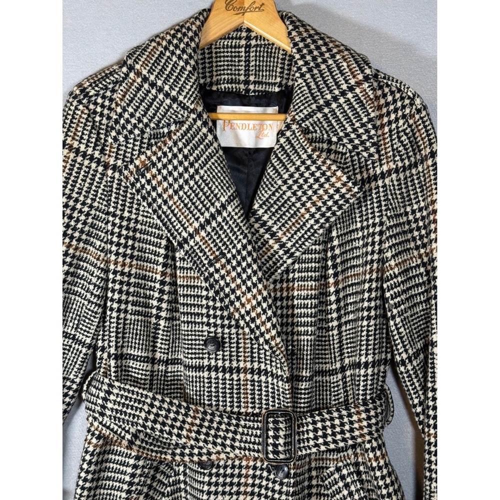 Vintage Pendleton Wool Trench Coat Houndstooth Glen Plaid Double Breasted Belted - Picture 2 of 16